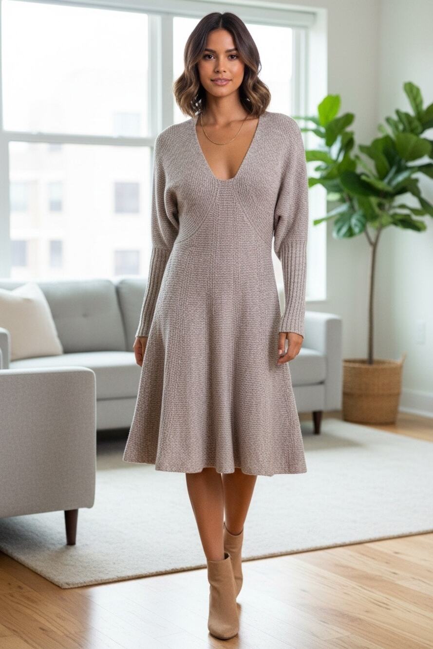 Moda International Women knit V-Neck fit & flare Midi Tan Sweater Dress Sz.Sm